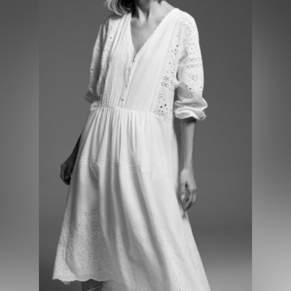 WHITE EMBROIDERED MIDI DRESS, SIZE SMALL